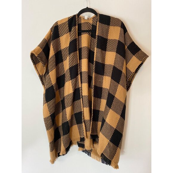 Loft Plaid Poncho Set Of 2 Black & Tan Red & White Fringed Hem Small - Picture 2 of 13